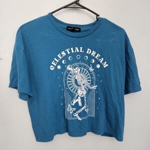 Social Scene Women's Small Teal Blue Graphic Tee Celestial Dreams Skeleton Top